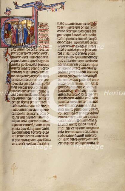 Initial E: Four Men before a Man Sitting at a Table while Another Man Stands ..., about 1290-1310. Creator: Unknown.
