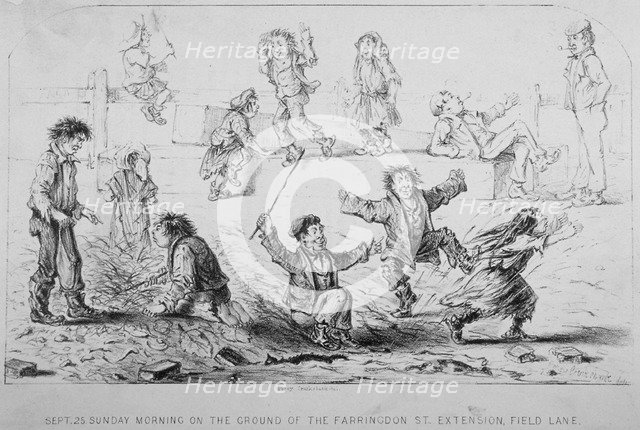 'Sunday morning on the ground of the Farringdon Street extension, Field Lane', City of London, 1865. Artist: Anon