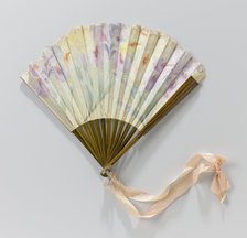 Folding silk fan painted with yellow and mauve irises, 1911.  Creator: C.D. le Lorrain.