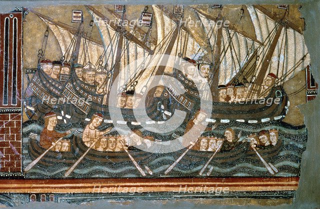 St. Ursula and the Virgins in his journey to Rome in sailing and rowing boats, fragment of a tabl…
