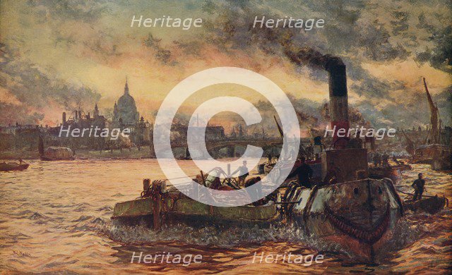 'Towing Past The City',  c1870-1880, (c1915). Artist: William Lionel Wyllie.