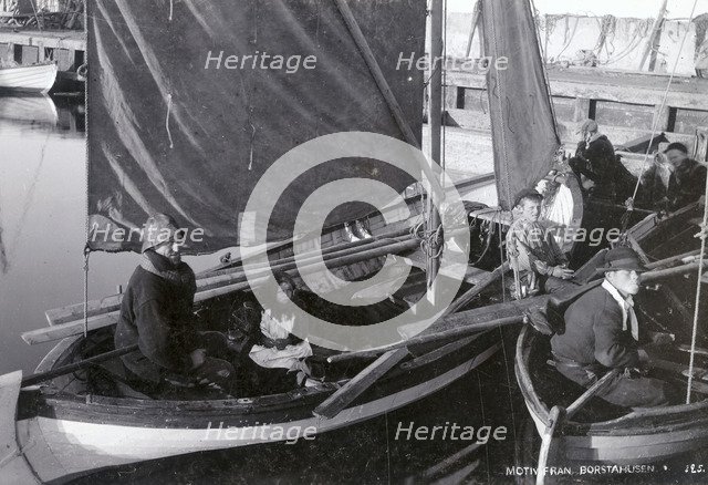 Fishermen in their boats on Öresund, Borstahusen, Landskrona, Sweden, c1900. Artist: Unknown