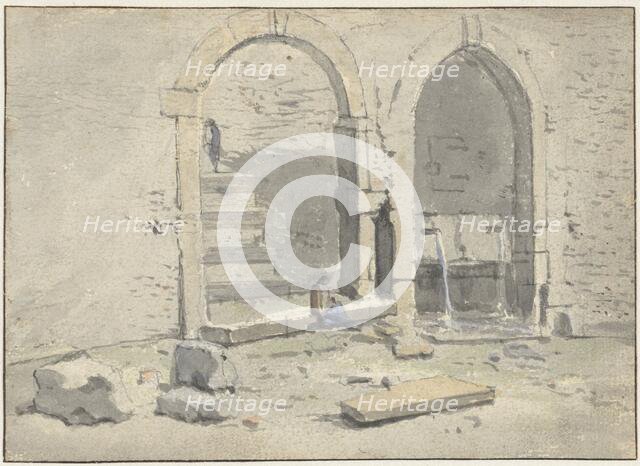 Fountain against a city wall, in which a staircase has been built, 1700-1748. Creator: Theodorus Wilkens.