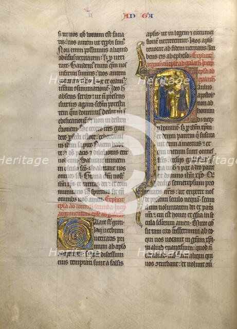 Initial P: Saint Paul Giving a Book to a Messenger; Concluding Volume of a Bible, about 1260-1270. Creator: Unknown.
