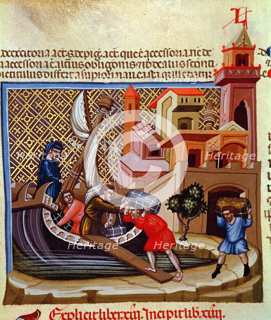 Shipment of goods on a boat, Miniature in 'Codex Justinian Institutiones Feodorum et Alia', illum…