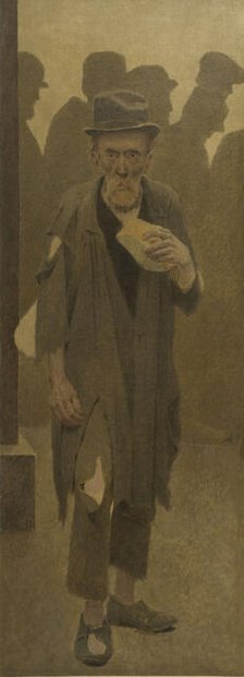 La Bouchée de pain : vieil homme en haillons, de face, tenant un morceau de pain, c.1904. Creator: Fernand Pelez.