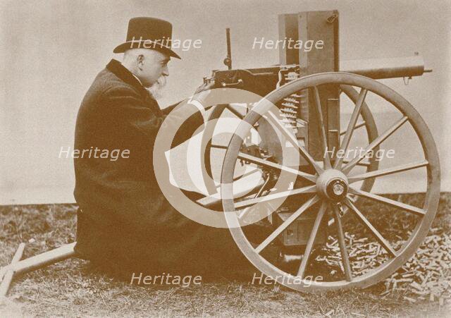 Hiram Maxim (1840-1916) presents the first automatic machine gun, 1884. Creator: Anonymous.