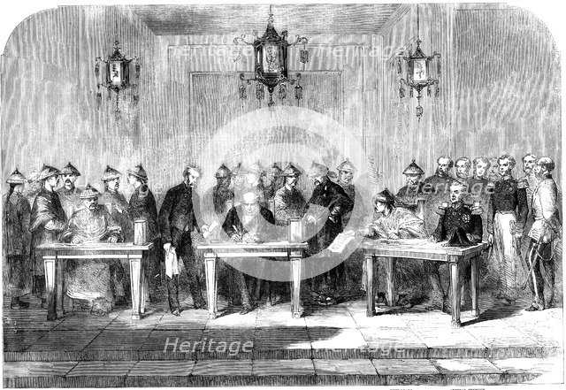 Lord Elgin signing the Treaty of Tainjin to end the Second Opium War, 1858. Artist: Unknown
