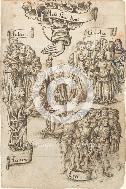 Hope, Reaching for Heaven, Stands among Sad and Happy Men, Joys...[fol. 19 recto], c1512/1515. Creator: Unknown.