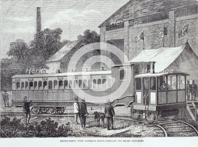 'Experiments with Fairlie's steam carriage for short distances', August 1869. Artist: Unknown