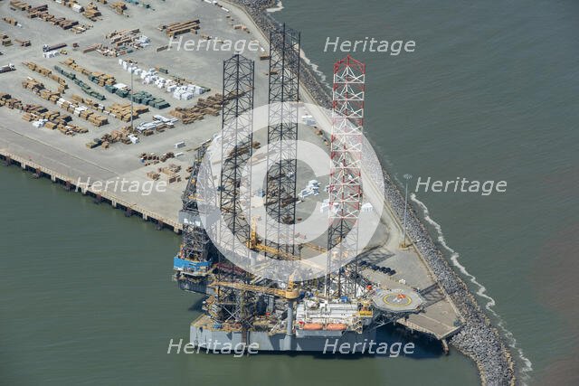 A jackup rig in Great Yarmouth Outer Harbour, Norfolk, 2021. Creator: Damian Grady.