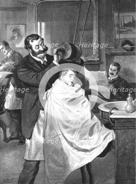 'His First Visit to the Barber's--'Hard or Medium, Sir?' ', 1890. Creator: Unknown.