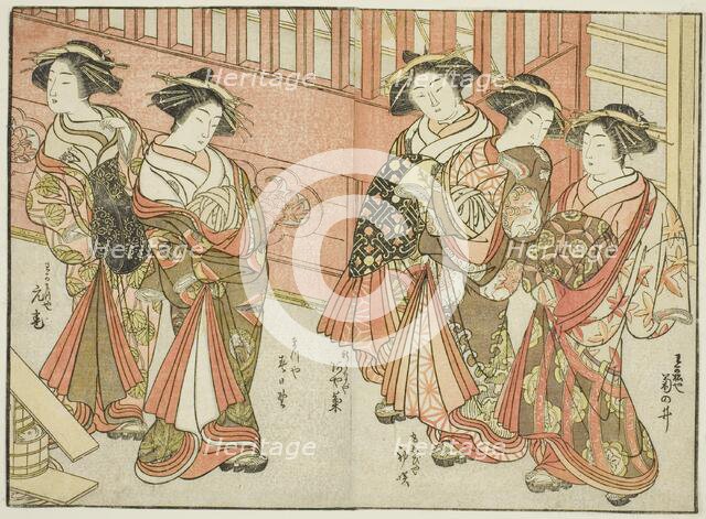 Five Courtesans of Various Houses, from the book "Mirror of Beautiful Women of the Pleasure..., 1776 Creator: Shunsho.