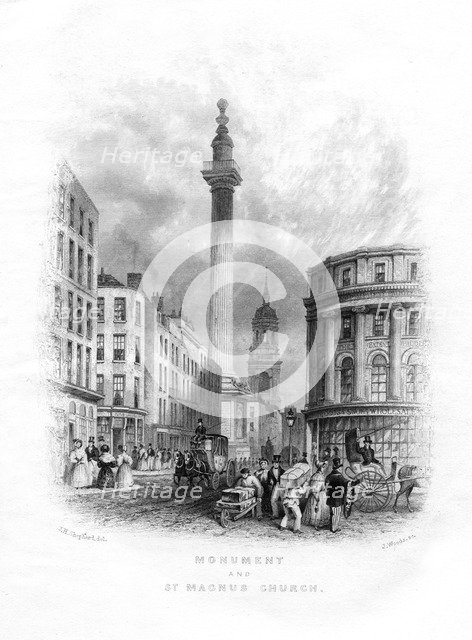 Monument and Church of St Magnus the Martyr, London, 19th century.Artist: J Woods