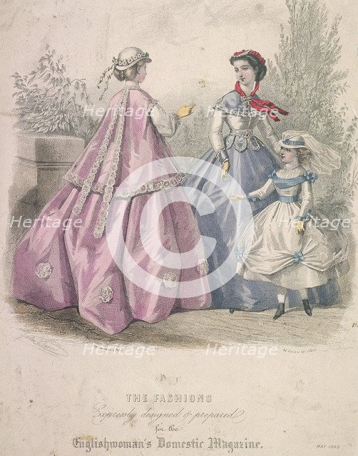 Two women and a child wearing the latest fashions, 1866. Artist: Anon