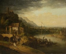 River Landscape with Barge, 18th century. Creator: Circle of Christian Georg Schutz the Elder.