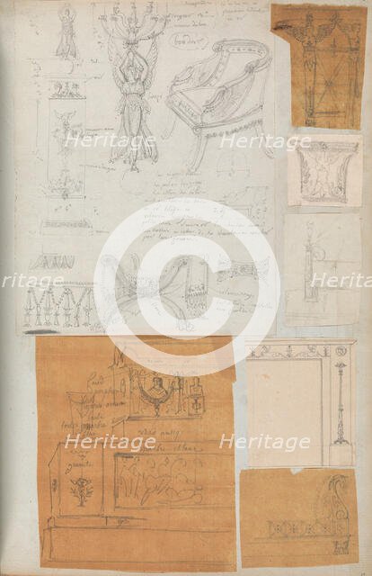 Page from a Scrapbook containing Drawings and Several Prints of Architecture, Int..., ca. 1800-1850. Creators: Workshop of Charles Percier, Workshop of Pierre François Léonard Fontaine.