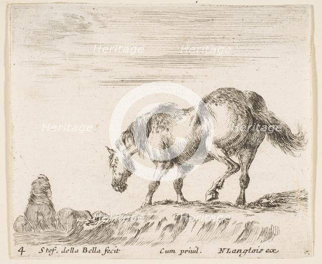 Plate 4: a horse in profile facing the left, about to descend from a mound, a horse..., ca. 1644-47. Creator: Stefano della Bella.