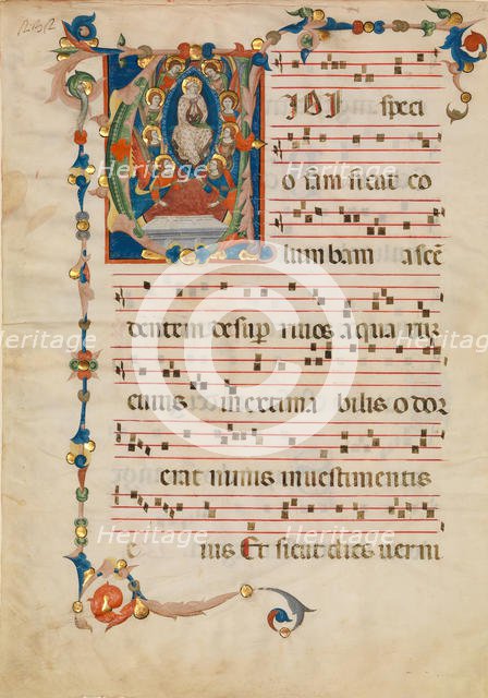 Manuscript Leaf with the Assumption of the Virgin in an Initial V, from an Antiphonary, ca. 1340. Creator: Niccolò di ser Sozzo.