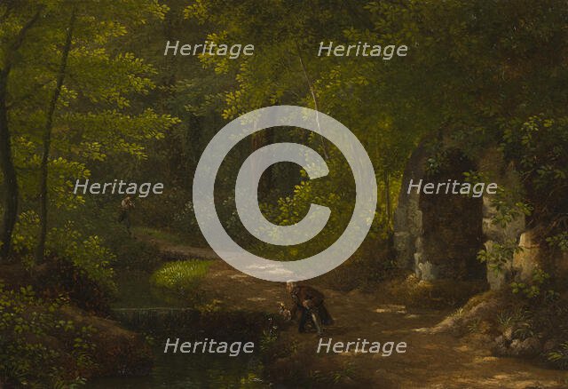 Jean-Jacques Rousseau picking flowers at the bubbling spring near the grotto in the northern park... Creator: Alexandre Haycinthe Dunouy.