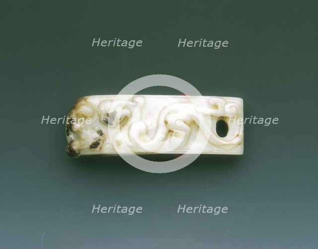 Jade sword scabbard slide with kui dragons, Western Han dynasty, China, 206 BC-8. Artist: Unknown