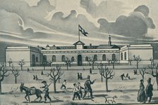 Railway station in Barcelona in 1848, pioneer in the peninsula, engraving from the time.