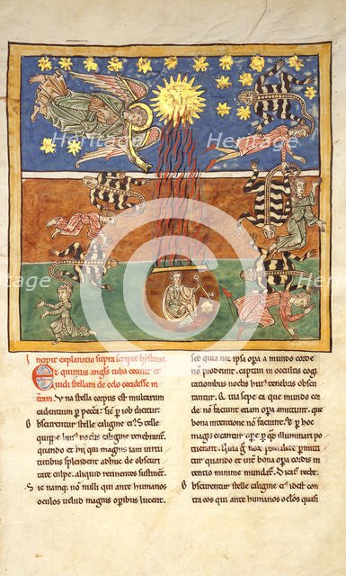 Leaf from a Beatus Manuscript: at the Clarion of the Fifth Angel's Trumpet..., ca. 1180. Creator: Unknown.