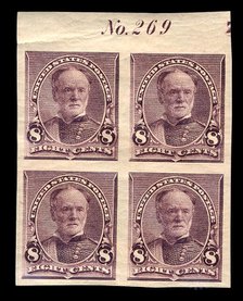 8c William T. Sherman proof plate block of four, March 21, 1893. Creator: American Bank Note Company.