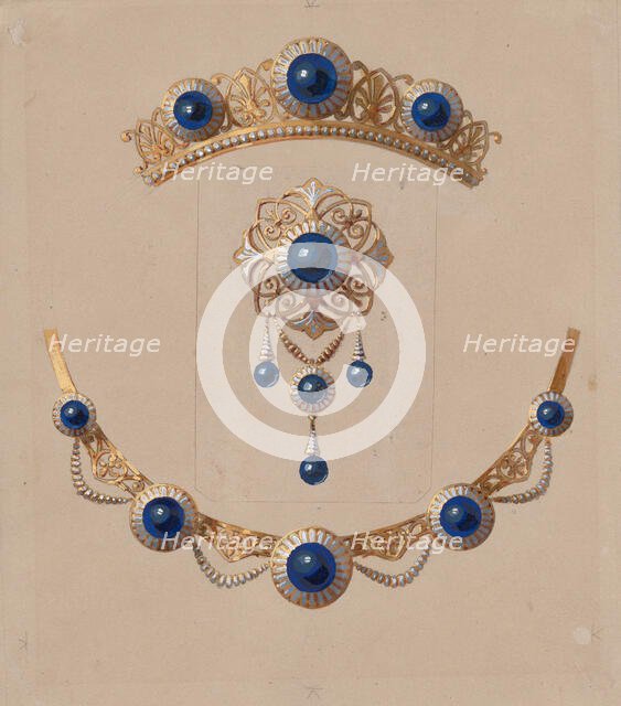 Parure of diadem, brooch and necklace with lapis lazuli and enamel, ca. 1830-70. Creator: Alexis Falize.