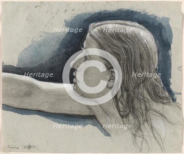 Study of a Young Man's Head with Right Arm Outstretched, 1860. Creator: Edward John Poynter.