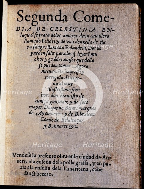 Second Comedy of 'Celestina' by Feliciano de Silva, cover of the printed edition in 1550.