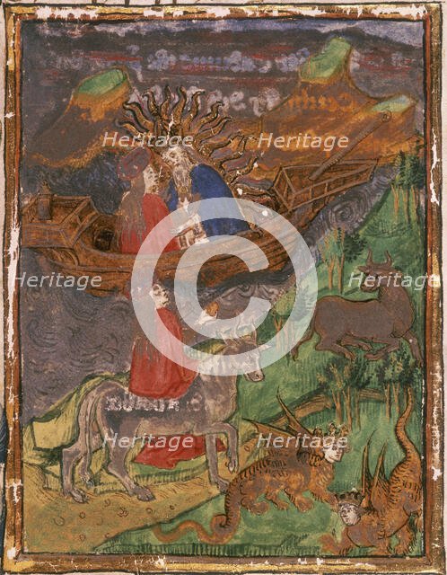 Jove, surrounded by the sun's rays, sits in boat with Europa, 1450.  Creator: Unknown.