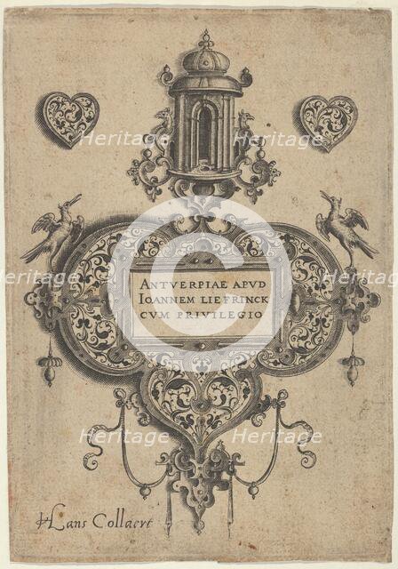 Title Plate, from Pendant Designs with Architectural Elements and Vegetal-Arabesque..., before 1573. Creator: Jan Collaert I.