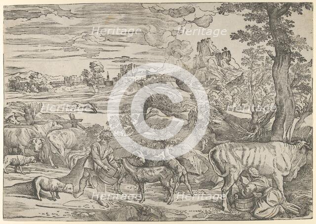 Landscape with a milkmaid at right and a boy at left, ca. 1535-40., ca. 1535-40. Creator: Nicolo Boldrini.