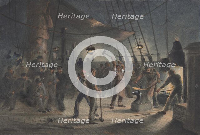 The Forge on Deck, Night of August 9th: Preparing the Iron Plating for Capstan, 1865-66. Creator: Robert Charles Dudley.