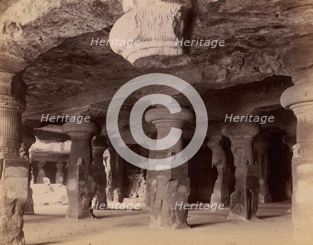 Pillars in the Monolithic Temple at Elephanta, Near Bombay, 1860s-70s. Creator: Unknown.