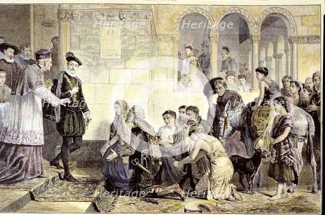 The Moorish pleading for King Philip III to repeal the decree of expulsion of 1609. Engraving pub…