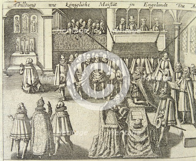 A session of the British Parliament in 1623, engraving.