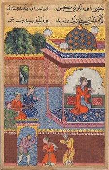 Page from Tales of a Parrot (Tuti-nama): Thirty-second night: Kaiwan, Latif, and Sharif..., c. 1560. Creator: Unknown.