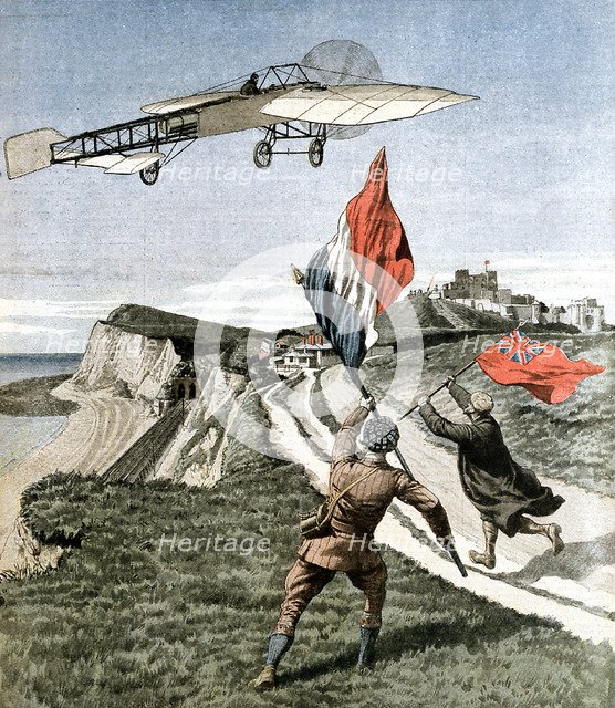 Louis Bleriot (1872-1936), French aviator, flying over the cliffs at Dover, 1909. Artist: Unknown