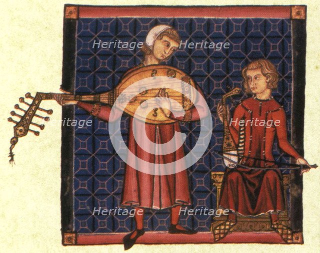 Two minstrels. Illustration from the codex of the Cantigas de Santa Maria, c. 1280. Artist: Anonymous  