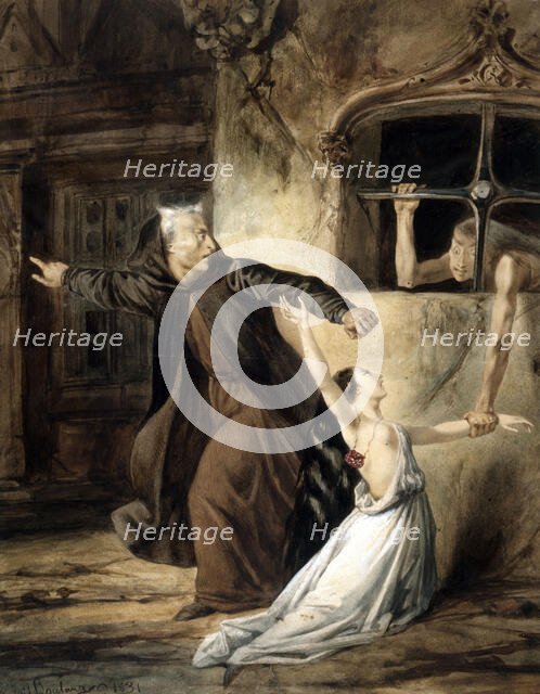 Esmeralda and Claude Frollo, 1831. Creator: Boulanger, Louis Candide (1806-1867).