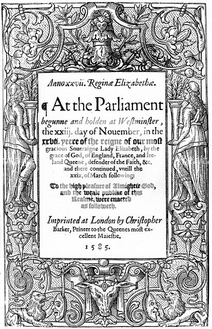 Title page of Acts of Parliament, 1585, (1893). Artist: Unknown