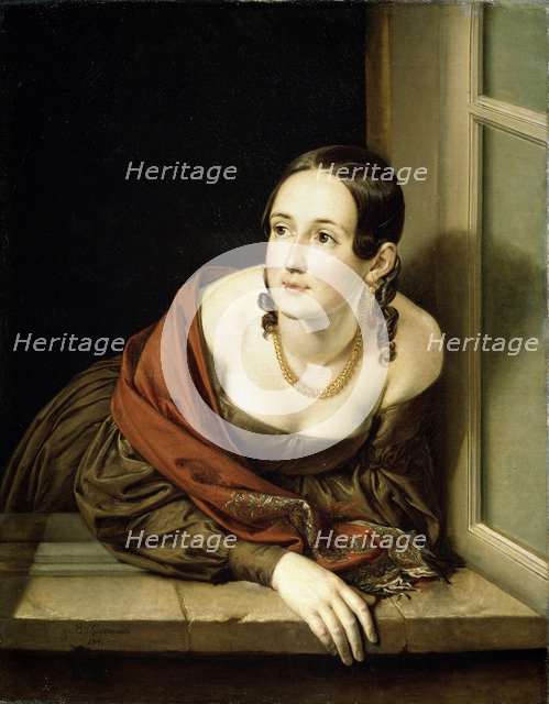 Woman at a window, 1841. Artist: Tropinin, Vasili Andreyevich (1776-1857)