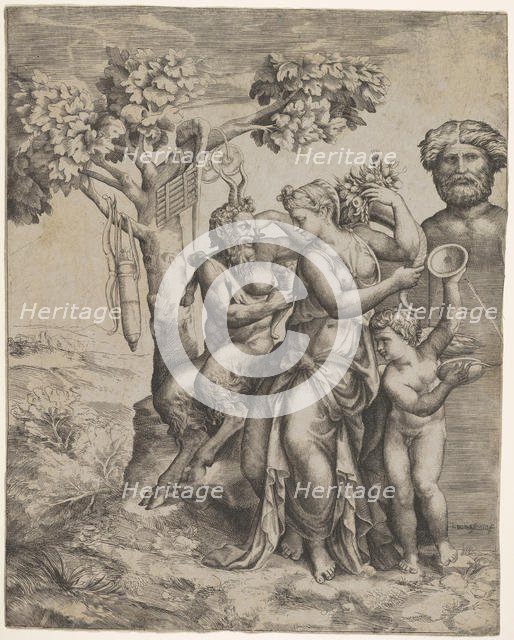 Pan seated near a female figure holding a cornucopia (a nymph or Pomona), at right ..., ca. 1550-60. Creator: Giulio Bonasone.