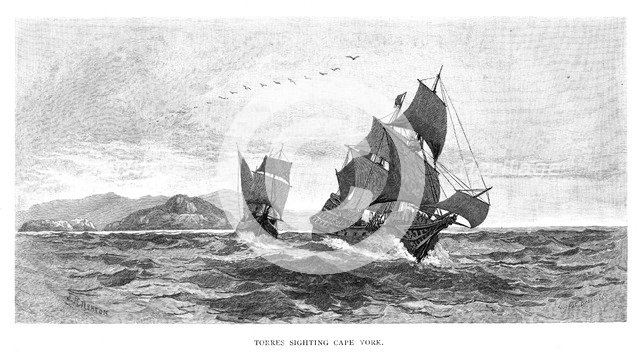 Torres sighting Cape York, 1606, (1886). Artist: Julian Ashton