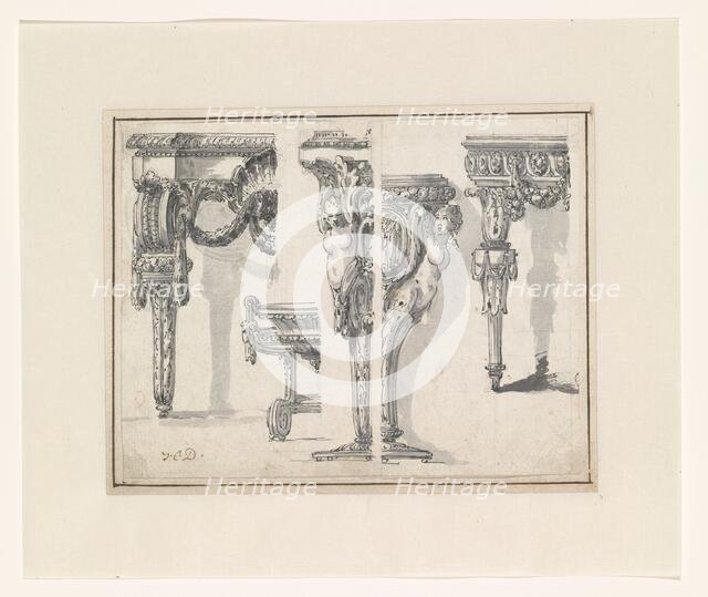 Two designs for tables, stands, a vase and a bowl on a stand, c.1765-c.1780. Creator: Jean Charles Delafosse.