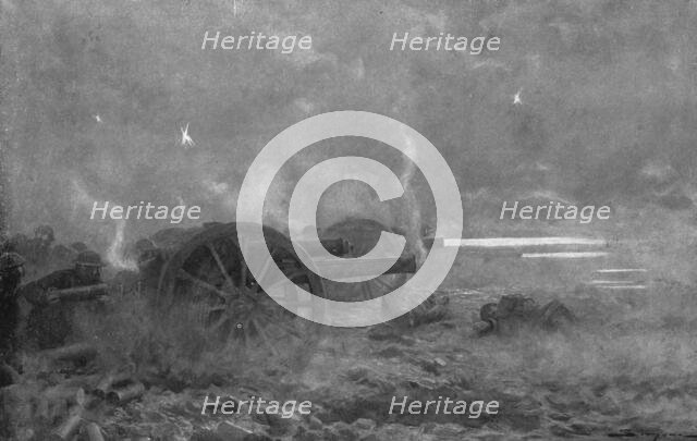 'Sous le Choc; L'artillerie de campagne britannique couvrant la retraite, le 21 mars 1918..., 1918. Creator: J Simont.