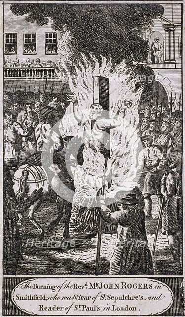 The execution of Reverend John Rogers at Smithfield, 1555, (c1720). Artist: Anon