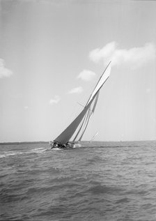 Unknown gaff rigged cutter beating upwind, 1911. Creator: Kirk & Sons of Cowes.
